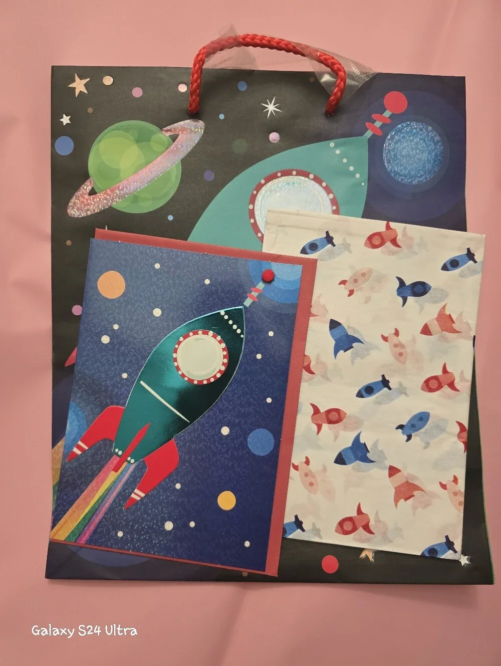 3 Piece Gift Wrap: Blank Card, Gift Bag, & Tissue Paper NEW Space Ship Design